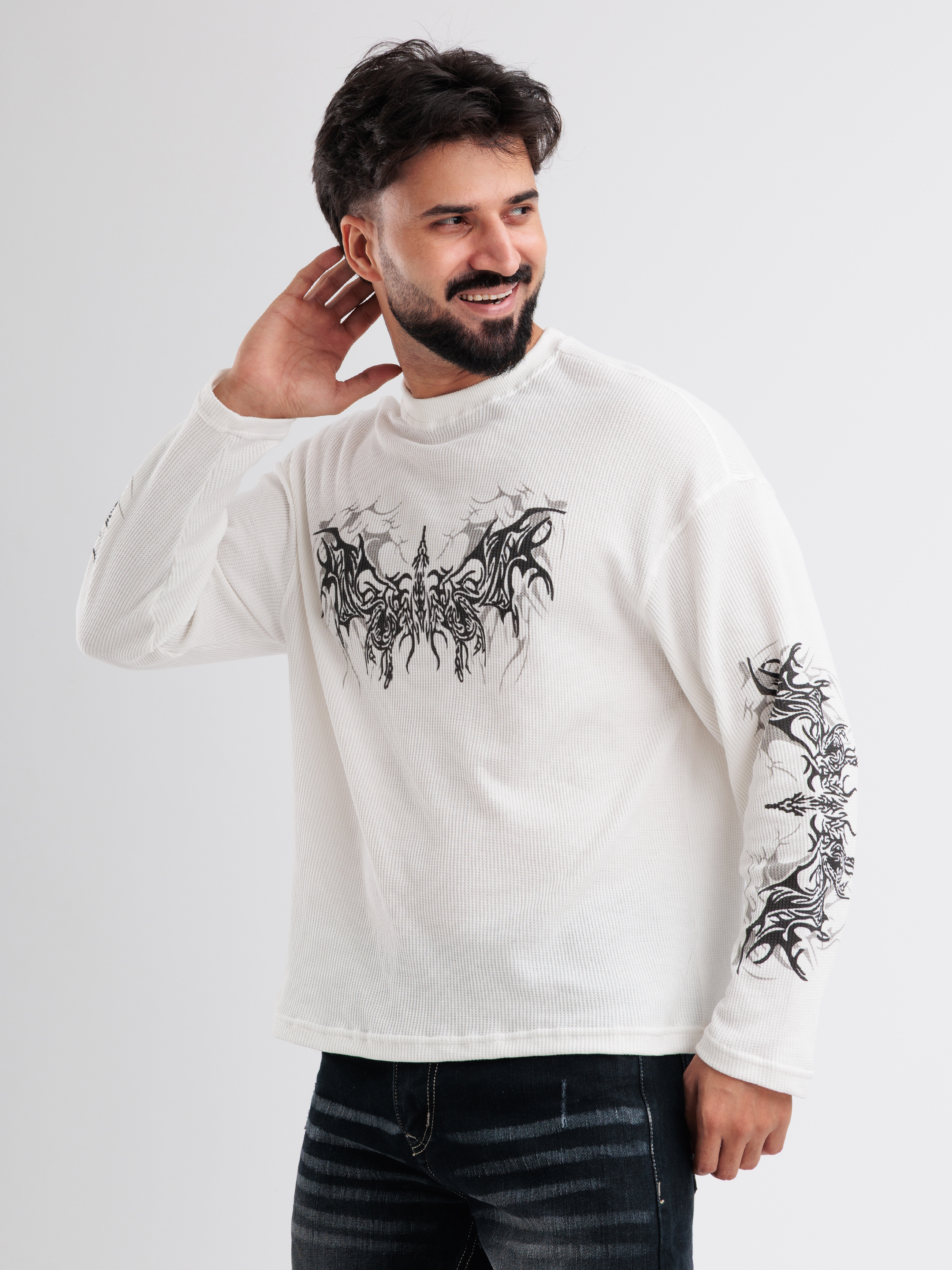 White Waffle Knit Sweatshirt for Men with Gothic Graphic Print - View 2