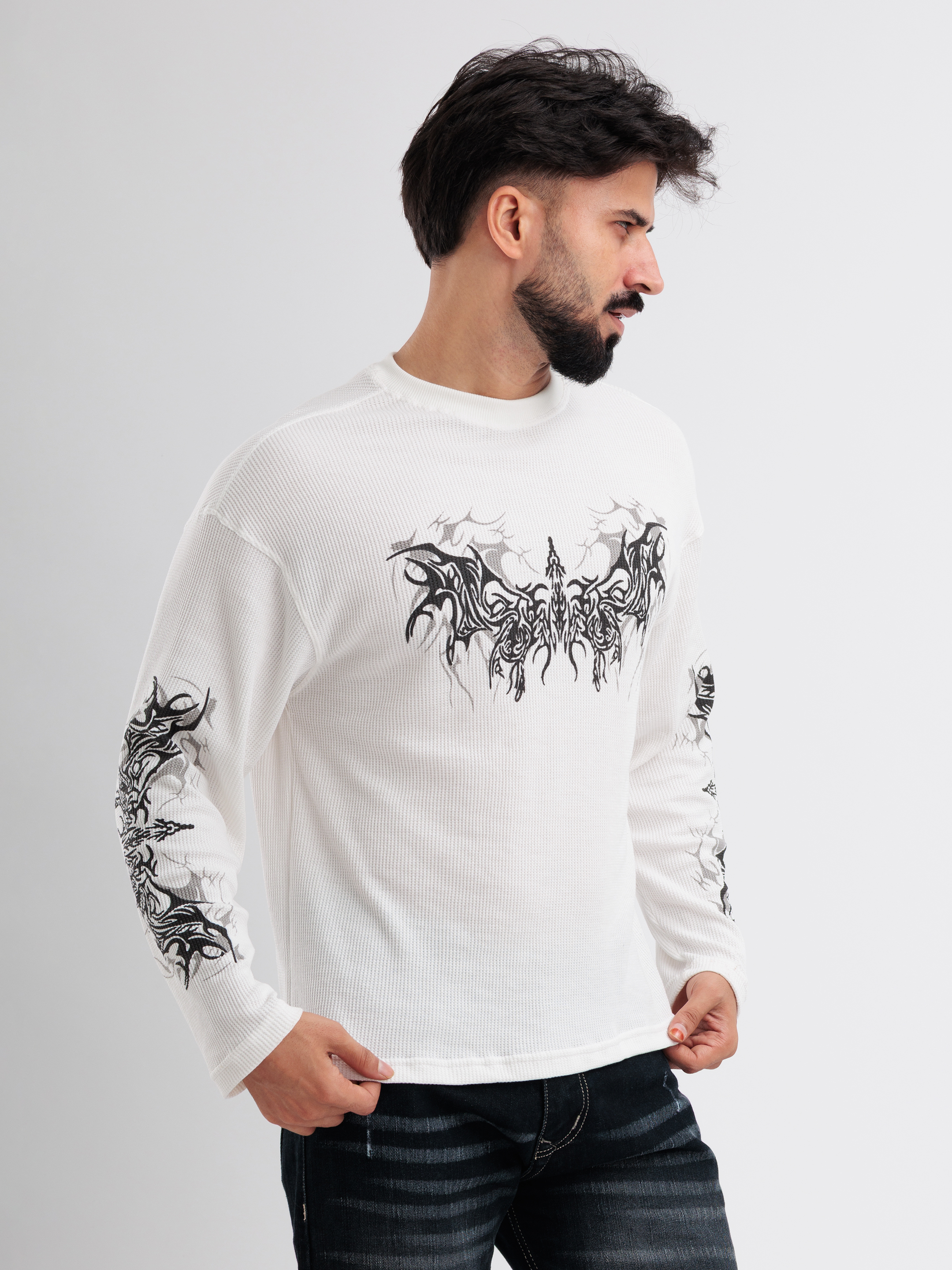 White Waffle Knit Sweatshirt for Men with Gothic Graphic Print - View 3