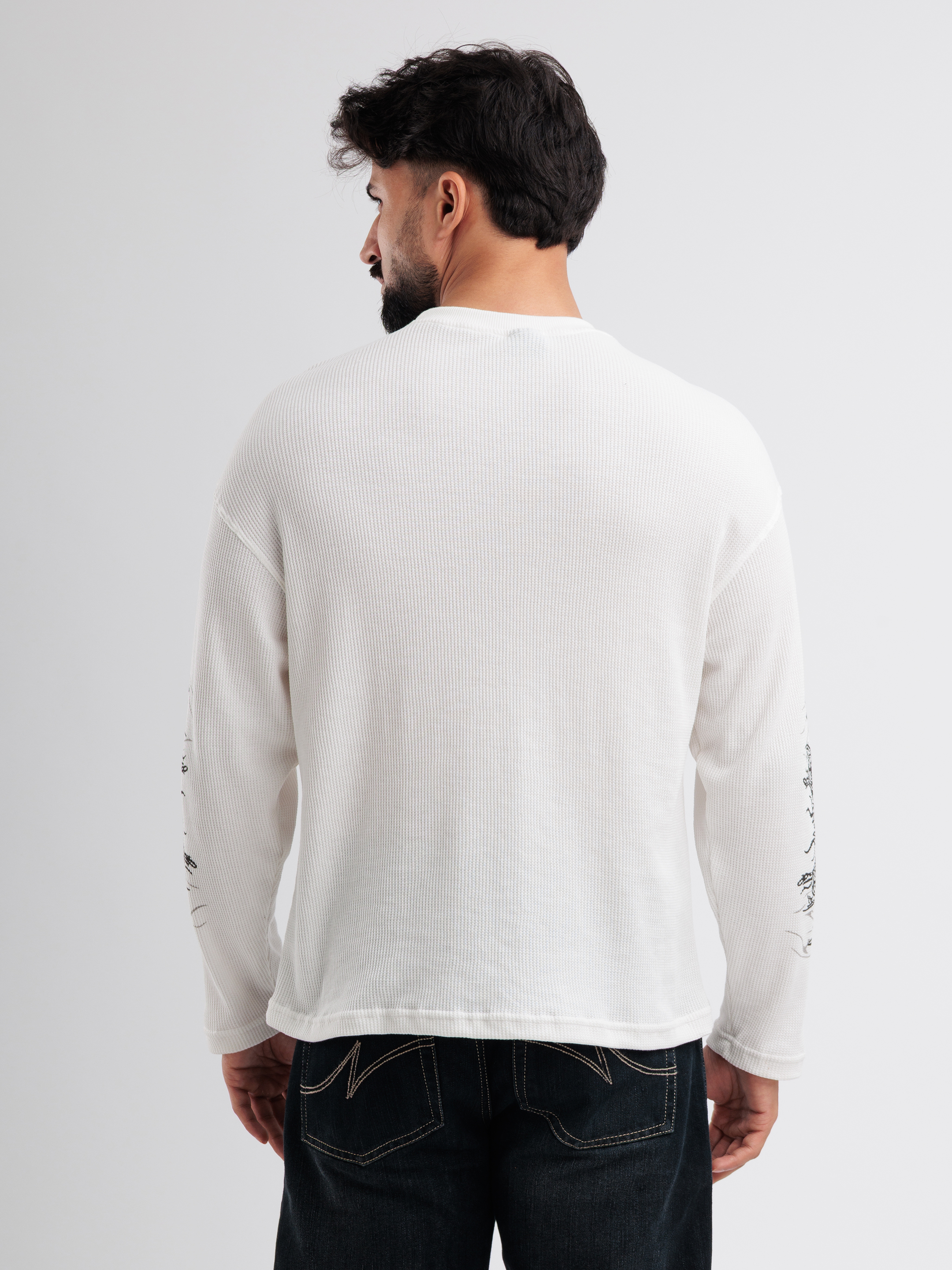 White Waffle Knit Sweatshirt for Men with Gothic Graphic Print - View 4