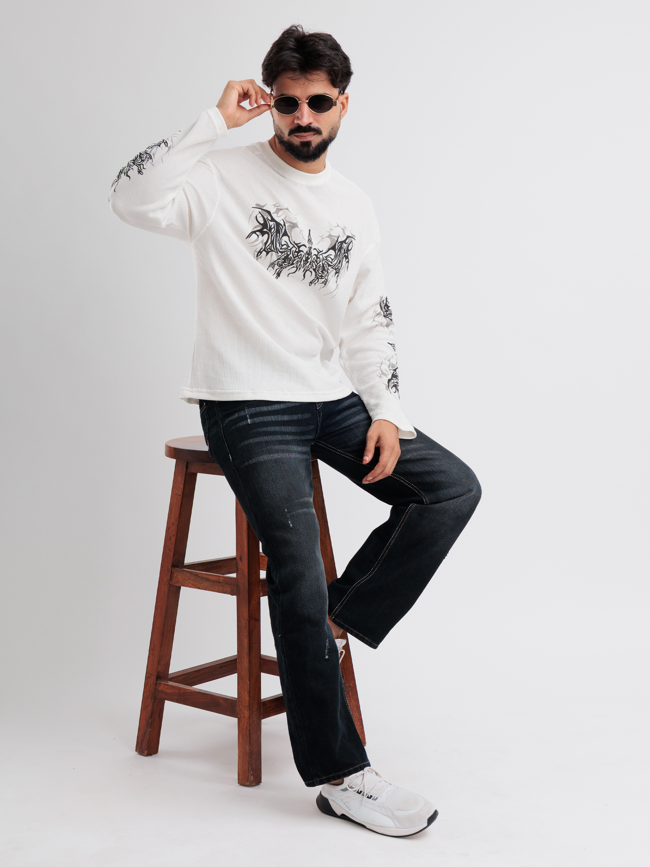 White Waffle Knit Sweatshirt for Men with Gothic Graphic Print - View 5
