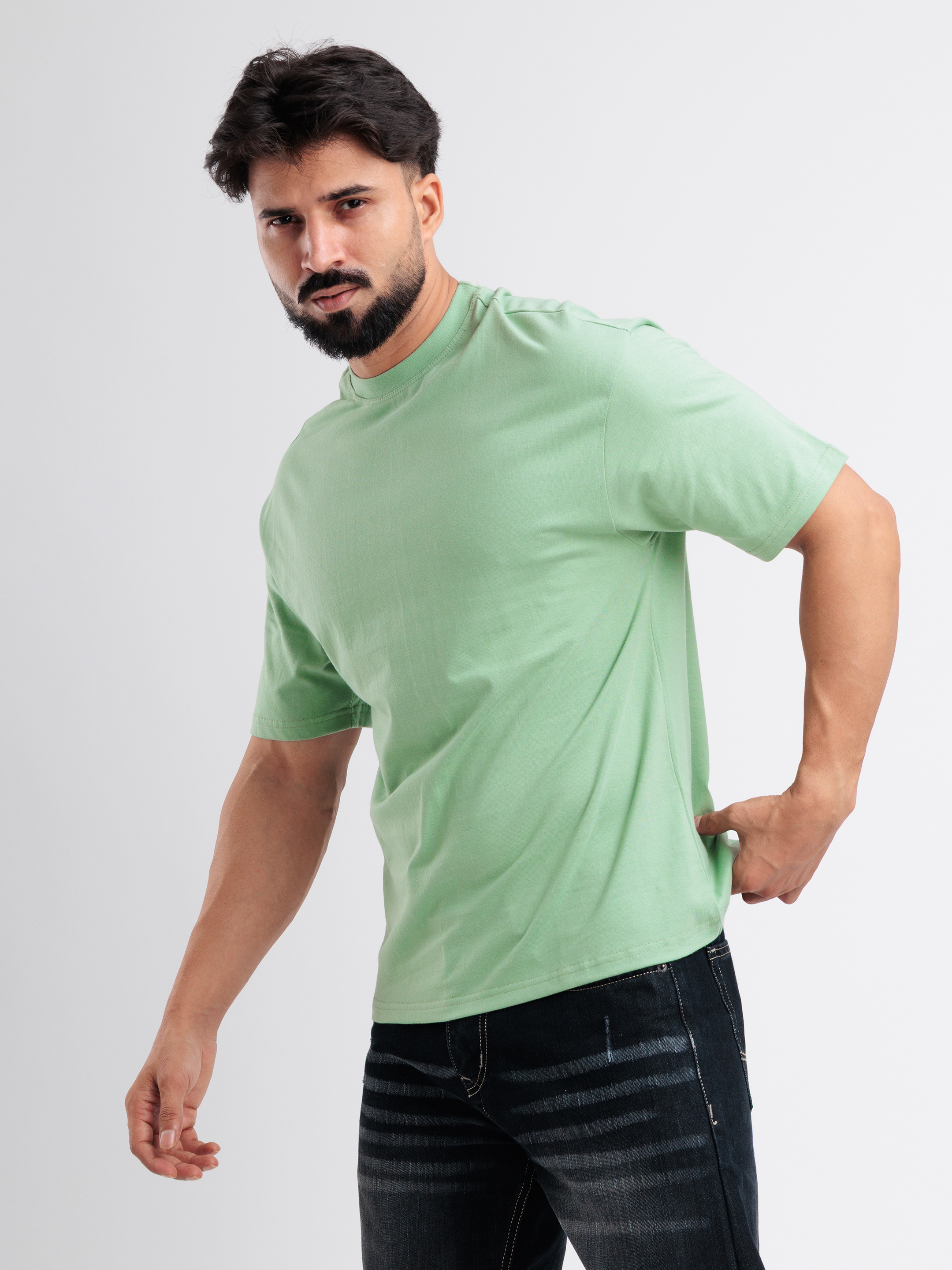 Casual Mint Green Oversized T-Shirt | 240 GSM Terry Cotton | Styloox - View 3